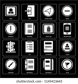 Set Of 16 icons such as Flag, Notebook, Compose, Login, User, Warning, , Price tag, web UI editable icon pack, pixel perfect