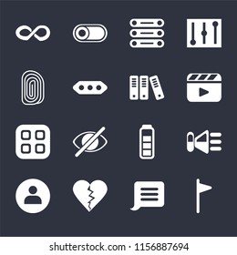 Set Of 16 icons such as Flag, Notification, Dislike, User, Speaker, Infinity, Fingerprint, Menu, Archive on black background, web UI editable icon pack