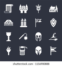 Set Of 16 icons such as Flag, Helmet, Water well, Torch, Witch, Scroll, Crown, Goblet, Flag on black background, web UI editable icon pack