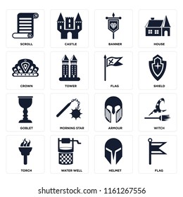 Set Of 16 icons such as Flag, Helmet, Water well, Torch, Witch, Scroll, Crown, Goblet, web UI editable icon pack, pixel perfect