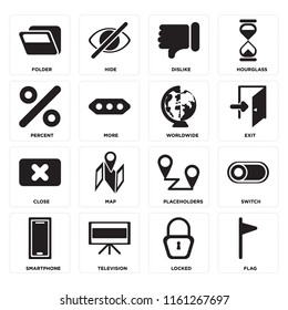 Set Of 16 icons such as Flag, Locked, Television, Smartphone, Switch, Folder, Percent, Close, Worldwide, web UI editable icon pack, pixel perfect
