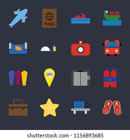 Set Of 16 icons such as Flip flops, Check out, Starfish, Suitcase, Aqualung, Plane, Map, Surfing, Camera on black background, web UI editable icon pack