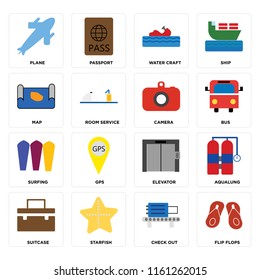 Set Of 16 icons such as Flip flops, Check out, Starfish, Suitcase, Aqualung, Plane, Map, Surfing, Camera, web UI editable icon pack, pixel perfect