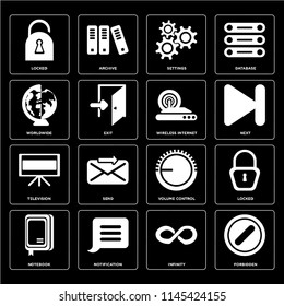 Set Of 16 icons such as Forbidden, Infinity, Notification, Notebook, Locked, Worldwide, Television, Wireless internet, web UI editable icon pack, pixel perfect