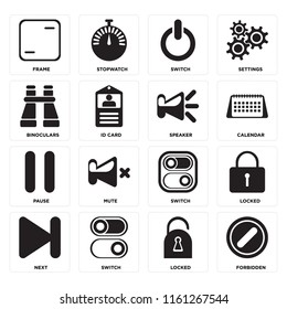 Set Of 16 icons such as Forbidden, Locked, Switch, Next, Frame, Binoculars, Pause, Speaker, web UI editable icon pack, pixel perfect