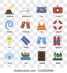 Set Of 16 icons such as Forest, Passport, Ship, Igloo, Aqualung, Mountains, Seashell, Gps, Bag on transparent background, pixel perfect