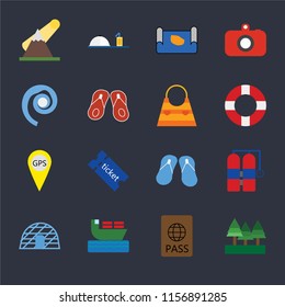 Set Of 16 icons such as Forest, Passport, Ship, Igloo, Aqualung, Mountains, Seashell, Gps, Bag on black background, web UI editable icon pack