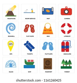 Set Of 16 icons such as Forest, Passport, Ship, Igloo, Aqualung, Mountains, Seashell, Gps, Bag, web UI editable icon pack, pixel perfect
