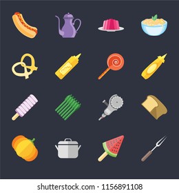 Set Of 16 icons such as Fork, Ice cream, Pot, Pumpkin, Bread, Hot dog, Pretzel, Jawbreaker on black background, web UI editable icon pack