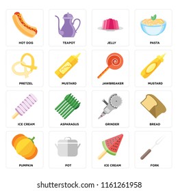 Set Of 16 icons such as Fork, Ice cream, Pot, Pumpkin, Bread, Hot dog, Pretzel, Jawbreaker, web UI editable icon pack, pixel perfect