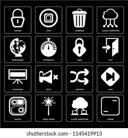 Set Of 16 icons such as Frame, Cloud computing, Magic wand, Switch, Skip, Locked, Worldwide, Television, Lock, web UI editable icon pack, pixel perfect