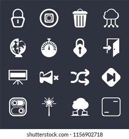 Set Of 16 icons such as Frame, Cloud computing, Magic wand, Switch, Skip, Locked, Worldwide, Television, Lock on black background, web UI editable icon pack