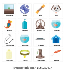 Set Of 16 icons such as Frisbee, Scratching, Collar, Bird cage, Pet house, Terrarium, Parrot, Stethoscope, Hamster ball, web UI editable icon pack, pixel perfect