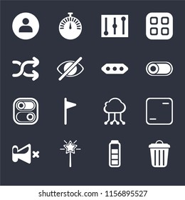 Set Of 16 icons such as Garbage, Battery, Magic wand, Mute, Frame, User, Shuffle, Switch, More on black background, web UI editable icon pack