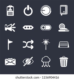 Set Of 16 icons such as Garbage, Cloud computing, Hide, Send, Calendar, Id card, Speaker, Flag, Switch on black background, web UI editable icon pack