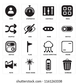 Set Of 16 icons such as Garbage, Battery, Magic wand, Mute, Frame, User, Shuffle, Switch, More, web UI editable icon pack, pixel perfect