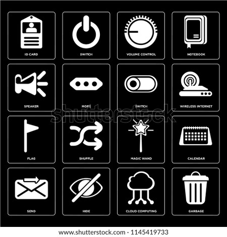 Set Of 16 icons such as Garbage, Cloud computing, Hide, Send, Calendar, Id card, Speaker, Flag, Switch, web UI editable icon pack, pixel perfect