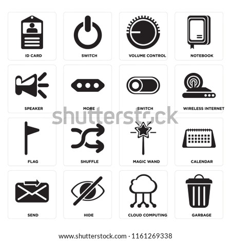 Set Of 16 icons such as Garbage, Cloud computing, Hide, Send, Calendar, Id card, Speaker, Flag, Switch, web UI editable icon pack, pixel perfect