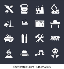 Set Of 16 Icons Such As Gas Mask, Pipe, Conveyor, Oilfield, Tank Truck, Wood Cutting, Forklift, Compressor, Control Panel On Black Background, Web UI Editable Icon Pack