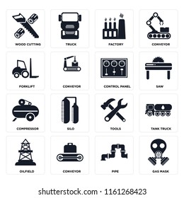 Set Of 16 Icons Such As Gas Mask, Pipe, Conveyor, Oilfield, Tank Truck, Wood Cutting, Forklift, Compressor, Control Panel, Web UI Editable Icon Pack, Pixel Perfect