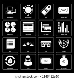 Set Of 16 icons such as Get money, Money, User, Exchange, Target, Responsive, Analytics, List, Cit card, web UI editable icon pack, pixel perfect