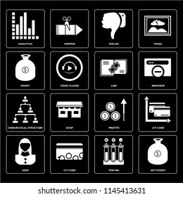 Set Of 16 icons such as Get money, Testing, Cit card, User, Analytics, Money, Hierarchical structure, Link, web UI editable icon pack, pixel perfect
