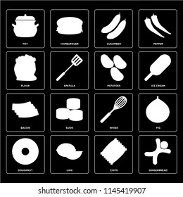 Set Of 16 icons such as Gingerbread, Chips, Lime, Doughnut, Fig, Pot, Flour, Bacon, Potatoes, web UI editable icon pack, pixel perfect
