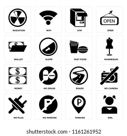 Set Of 16 icons such as Girl, Parking, No parking, plug, camera, Radiation, Wallet, Money, Fast food, web UI editable icon pack, pixel perfect