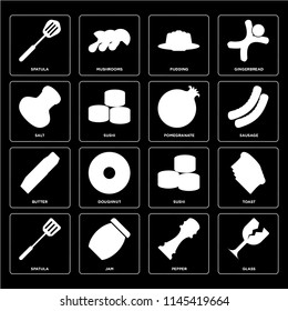 Set Of 16 icons such as Glass, Pepper, Jam, Spatula, Toast, Salt, Butter, Pomegranate, web UI editable icon pack, pixel perfect