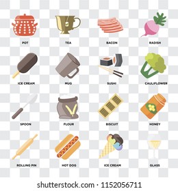 Set Of 16 icons such as Glass, Ice cream, Hot dog, Rolling pin, Honey, Pot, Spoon, Sushi on transparent background, pixel perfect