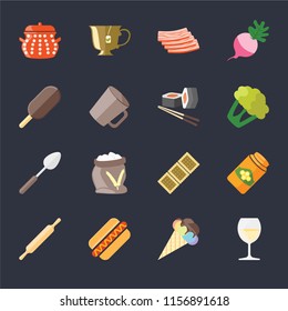 Set Of 16 icons such as Glass, Ice cream, Hot dog, Rolling pin, Honey, Pot, Spoon, Sushi on black background, web UI editable icon pack