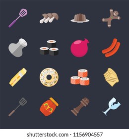 Set Of 16 icons such as Glass, Pepper, Jam, Spatula, Toast, Salt, Butter, Pomegranate on black background, web UI editable icon pack