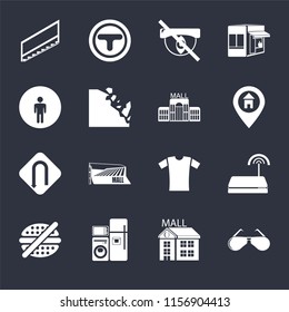 Set Of 16 icons such as Glasses, Mall, Electrical appliances, No fast food, Wifi, Stairs, Restroom, Turn, Mall on black background, web UI editable icon pack