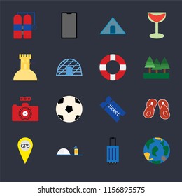 Set Of 16 icons such as Globe, Luggage, Room service, Gps, Flip flops, Aqualung, Sand castle, Photography, Lifebuoy on black background, web UI editable icon pack