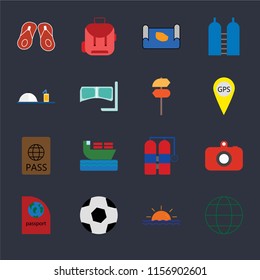 Set Of 16 icons such as Globe, Sunset, Ball, Passport, Camera, Flip flops, Room service, Pointer on black background, web UI editable icon pack