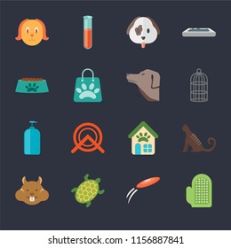 Set Of 16 icons such as Glove, Frisbee, Turtle, Hamster, Cat, Dog, Bowl, Shampoo, Dog on black background, web UI editable icon pack
