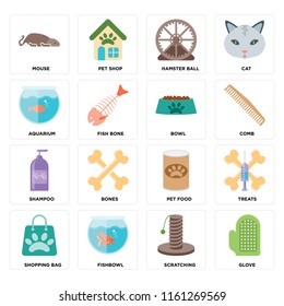 Set Of 16 icons such as Glove, Scratching, Fishbowl, Shopping bag, Treats, Mouse, Aquarium, Shampoo, Bowl, web UI editable icon pack, pixel perfect