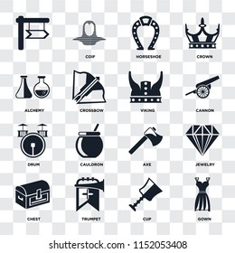 Set Of 16 icons such as Gown, Cup, Trumpet, Chest, Jewelry, Alchemy, Drum, Viking on transparent background, pixel perfect