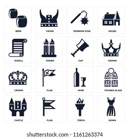Set Of 16 icons such as Gown, Torch, Flag, Castle, Stained glass, Beer, Scroll, Crown, Cup, web UI editable icon pack, pixel perfect