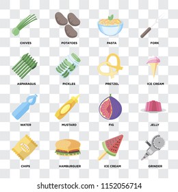 Set Of 16 icons such as Grinder, Ice cream, Hamburguer, Chips, Jelly, Chives, Asparagus, Water, Pretzel on transparent background, pixel perfect