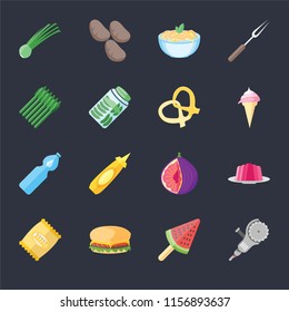 Set Of 16 icons such as Grinder, Ice cream, Hamburguer, Chips, Jelly, Chives, Asparagus, Water, Pretzel on black background, web UI editable icon pack