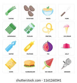 Set Of 16 icons such as Grinder, Ice cream, Hamburguer, Chips, Jelly, Chives, Asparagus, Water, Pretzel, web UI editable icon pack, pixel perfect