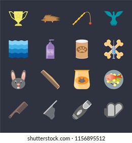 Set Of 16 icons such as Grooming glove, Razor, Net, Comb, Fish food, Trophy, Water, Rabbit, Pet food on black background, web UI editable icon pack