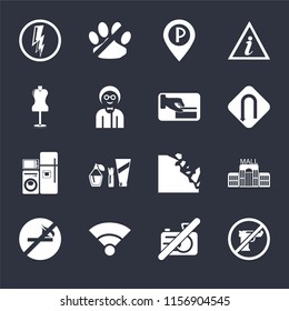 Set Of 16 icons such as Gun, No camera, Wifi, smoking, Mall, Electricity, Mannequin, Electrical appliances, Card payment on black background, web UI editable icon pack