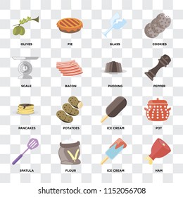 Set Of 16 icons such as Ham, Ice cream, Flour, Spatula, Pot, Olives, Scale, Pancakes, Pudding on transparent background, pixel perfect