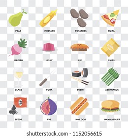 Set Of 16 icons such as Hamburguer, Hot dog, Fig, Seeds, Asparagus, Pear, Radish, Glass, Pie on transparent background, pixel perfect