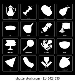 Set Of 16 icons such as Hazelnut, Butcher, Hot dog, Pizza, Bowl, Teapot, Pie, Pancakes, Kebab, web UI editable icon pack, pixel perfect