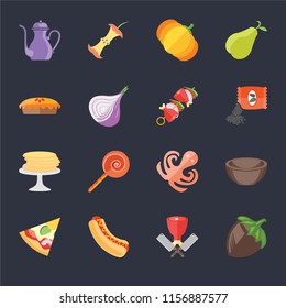Set Of 16 icons such as Hazelnut, Butcher, Hot dog, Pizza, Bowl, Teapot, Pie, Pancakes, Kebab on black background, web UI editable icon pack