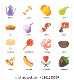 Set Of 16 icons such as Hazelnut, Butcher, Hot dog, Pizza, Bowl, Teapot, Pie, Pancakes, Kebab, web UI editable icon pack, pixel perfect
