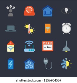 Set Of 16 icons such as Heating, Plug, Smart home, Battery, Lighting, Smart, Laptop, Automation, Mobile on black background, web UI editable icon pack